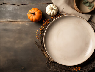 lat lay composition of autumn harvest pottery and copy space. Rustic stoneware with fall decor. neutral plate on neutral background with pumpkins and herbs. Wabi sabi potteryn. Food blog concept