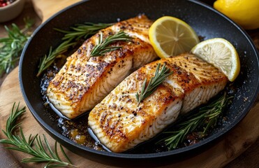 Perfectly seared fish fillets garnished with herbs and lemon on a black plate