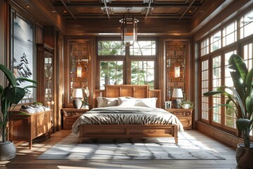 Canvas Print - Elegant Wooden Bedroom with Large Windows