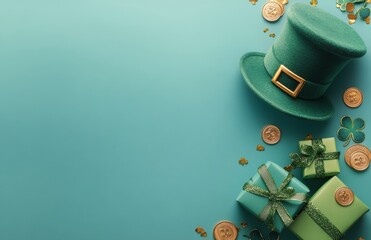 Green gifts and chocolate coins with a festive hat on a textured surface