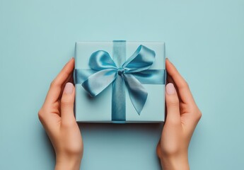 Wall Mural - Hands holding a beautifully wrapped blue gift box with a satin ribbon on a light blue background