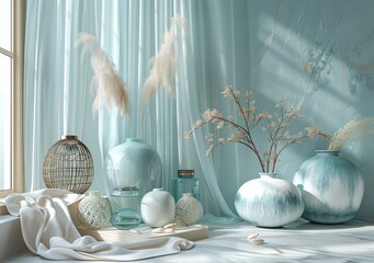 Wall Mural - Elegant Light Blue Interior Decor Arrangement