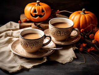 Hygge mood, warm beverage in fall. Autumn harvest pottery. Rustic stoneware with fall decor. Sage plate on neutral background with pumpkins and herbs. Wabi sabi pottery. Food blog concept