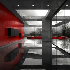 Sticker - Modern architecture house interior with red wall and concrete structure