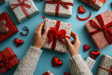 Wall Mural - Loving hands holding a neatly wrapped gift among decorated presents and hearts on a blue background