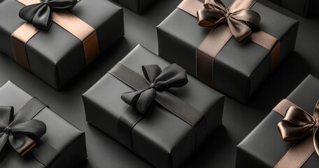 Elegant black gift boxes arranged with gold accents and a satin ribbon on a dark surface