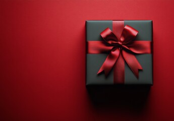 A beautifully wrapped black gift box with a red ribbon on a vibrant red backdrop