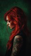 © Taras Vykhopen - A captivating portrait of a Japanese girl with bright red hair and a sleeve tattoo against a rich green background