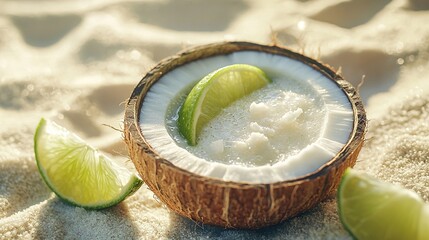 Sticker -   A close-up of a coconut drink in a bowl with limes and a lime slice on the side