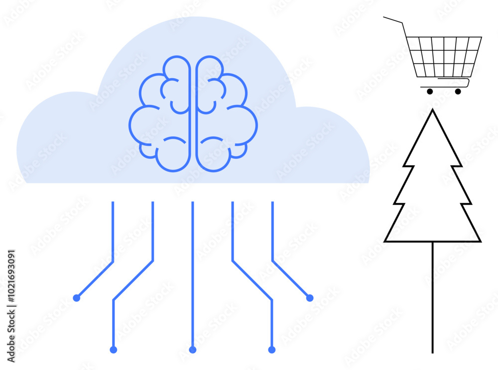 Blue brain in a cloud with circuits and a shopping cart on a tree ...