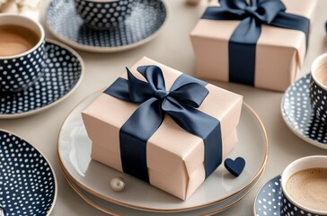 Elegant gift wrapped in navy ribbon on a table set with polka dot cups and saucers