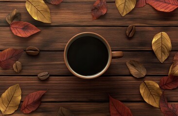 Cozy autumn scene with colorful leaves and a steaming cup on a wooden table