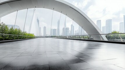 Empty square floor and bridge with skyline scenery at sunset. Empty square floor and bridge with modern city buildings.