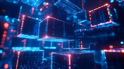 Abstract background with blue glowing cubes on a dark blue background, a digital technology and data concept