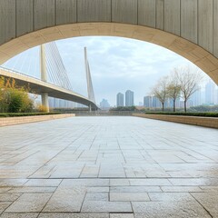 Empty square floor and bridge with skyline scenery at sunset. Empty square floor and bridge with modern city buildings.