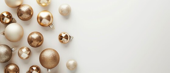 Adorn your space with an exquisite display of elegant Christmas ornaments on a white background. These sophisticated gold and white decorations add a touch of festive charm and sophistication