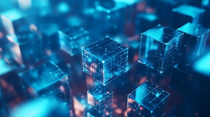Abstract background with blue glowing cubes on a dark blue background, a digital technology and data concept