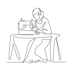 One continuous single drawing line art flat doodle person, sewing, dressmaker, occupation, skill, textile, working, clothing, female, tailor. Isolated image hand draw contour on a white background