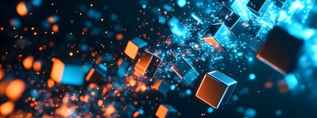 Abstract background with blue glowing cubes on a dark blue background, a digital technology and data concept