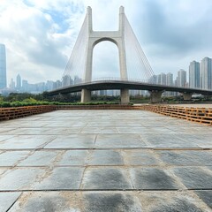 empty square floor and bridge with skyline scenery at sunset. empty square floor and bridge with mod