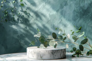 Poster - A marble podium with eucalyptus leaves on a green background