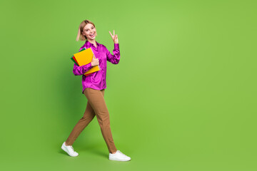 Sticker - Full size photo of pretty young woman book walk empty space v-sign wear shirt isolated on green color background