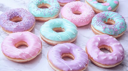 Sticker -   A cluster of donuts on a frosted marble countertop with sprinkles