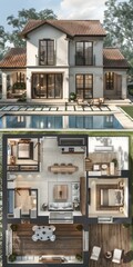 Wall Mural - Modern Mediterranean House Plan with Pool and Patio