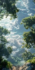 Sticker - Nature Scenery Illustration of a Lush Forest with Clouds