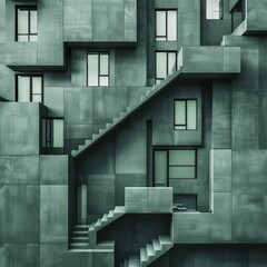 Poster - Green building with geometric shapes and staircases