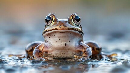 Poster -   A close-up photo of a frog sitting atop a pond, with its head just barely peeking out above the surface