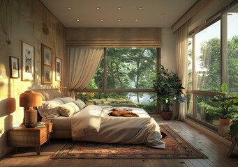 Canvas Print - Peaceful Bedroom with Lush Garden View Illustration