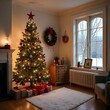 © Krystyna - Beautiful Christmas house with New Year tree and decorations. A room decorated in New Year's style with a large Christmas tree. Christmas loft. Christmas home interior with large window and sofa.