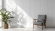 © Serhii - Modern Scandinavian Living Room Interior with Gray Armchair and Green Accents on Cream Slat Background