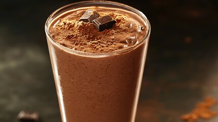 Canvas Print -   A close-up of a glass of chocolate milkshake with chocolate chunks on top