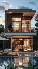 Wall Mural - Modern House with Evening Pool View