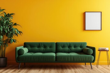 Sticker - Elegant Living Room Interior with Green Sofa on White Wall Background