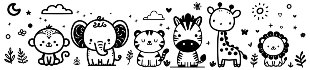 Wall Mural - adorable safari animals with hearts and plants in black vector illustration