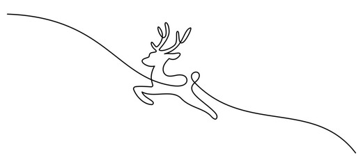 Wall Mural - One continuous line drawing of christmas reindeer. Wild animal deer with antlers is dynamic silhouette in simple linear style. Elegance logo editable stroke. Doodle monoline vector illustration