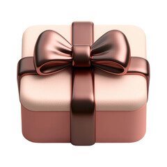 Wall Mural - 3D illustration of a square gift box with a smooth metallic bow on top, soft pink and copper tones. The box has a luxurious, modern appearance. Isolated on transparent background, png.