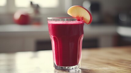 Poster -   A macro shot of an apple on top of a glass resting on a wooden surface