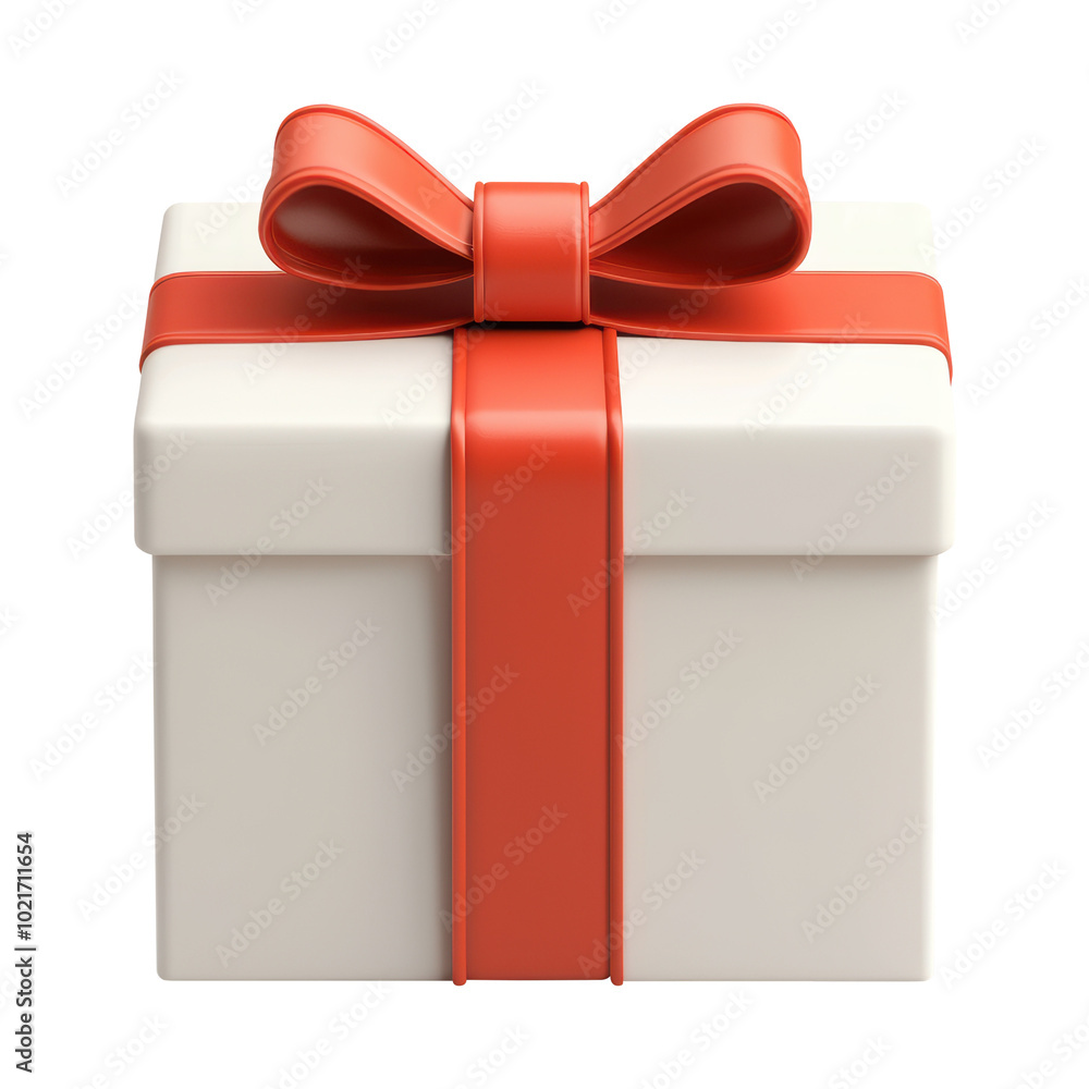 3D illustration of a white gift box with a red ribbon and bow. The box ...