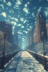 Wall Mural - Winter Snowy Cityscape Bridge Illustration