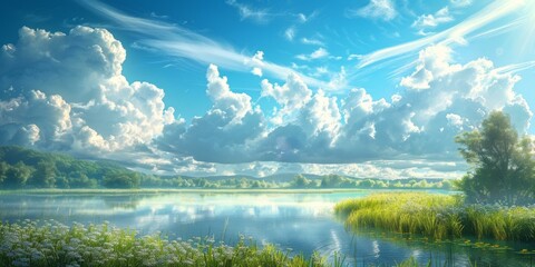 Wall Mural - Beautiful Sunrise Over Calm Lake Landscape