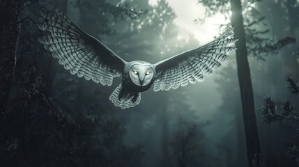 Poster -  Owl flying in a foggy forest, trees in foreground, full moon in background