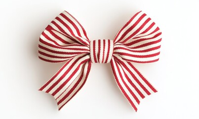 A red and white ribbon bow is sitting on a white background