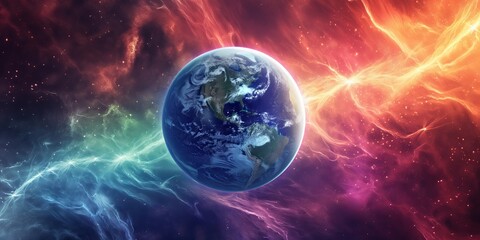 Wall Mural - stunning illustration of earth surrounded by a cosmic energy field with vibrant colors transitioning