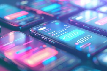 Fototapete - Multiple smartphones light up with colorful stories and engaging short videos in a contemporary tech environment after dark. Generative AI