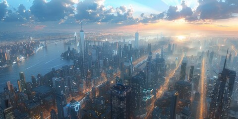 Wall Mural - Futuristic City Skyline at Sunrise