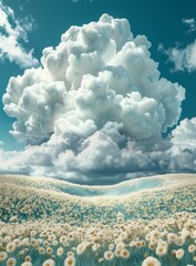 Poster - Whimsical Cloud Field with a Sea of Flowers